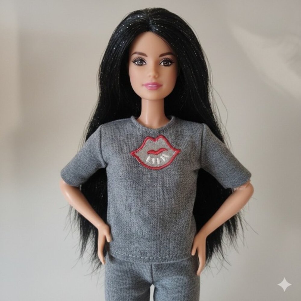 Barbie Clothes Gray Lip Print Sweatshirt Pants Set Fits Barbie Doll HandmadeNew